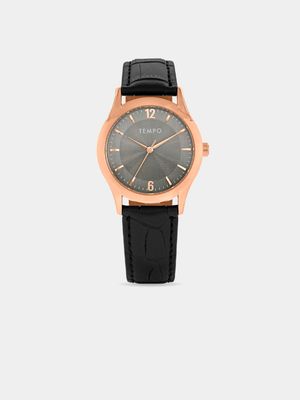 Tempo Men's Rose Toned Grey Dial Black Leather Watch