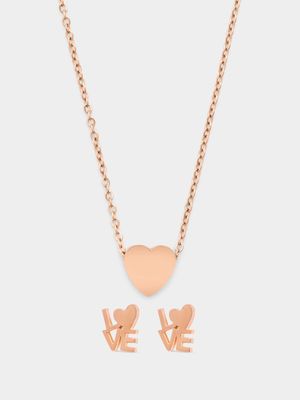 Rose Tone Stainless Steel Heart with Love Script Stud Set