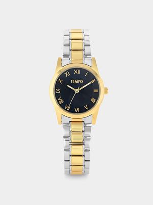 Tempo Gold & Silver Plated Black Dial Bracelet Watch