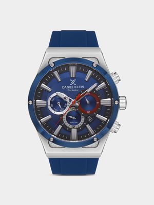 Daniel Klein Silver Plated Blue Silicone Chronograph Watch