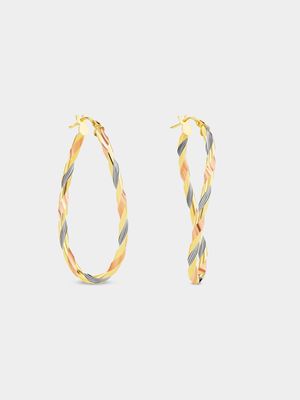 Yellow, Rose & White Gold Tricolour Twisted Oval Hoop Earrings