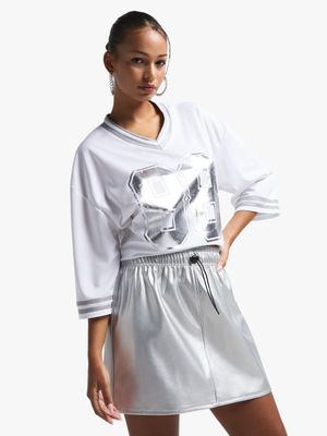 Women's Silver PU Mini Skirt With Toggle Detail