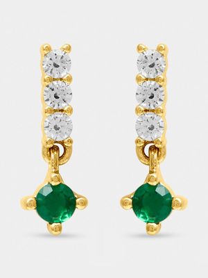 18ct Gold Plated CZ Bar Studs with Green Dangle CZ