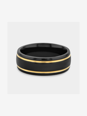 Stainless Steel Black & Gold Plated Striped Edge Ring