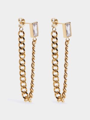 Stainless Steel 18ct Gold Plated Waterproof clear emerald cut stud with chain