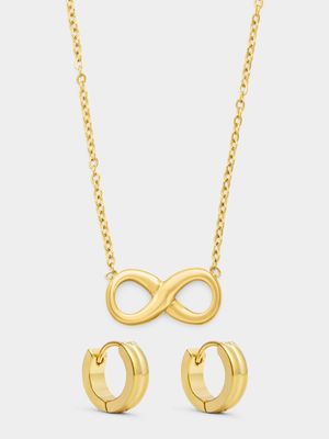 Gold Tone Stainless Steel Infinity Pendant & Huggie Set