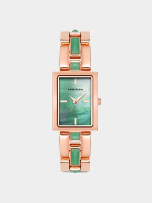 Anne Klein Green Mother of Pearl Dial & Rose Plated Rectangular Bracelet Watch