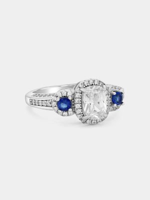 Sterling Silver Sapphire Blue Cubic Zirconia Emerald Halo Ring