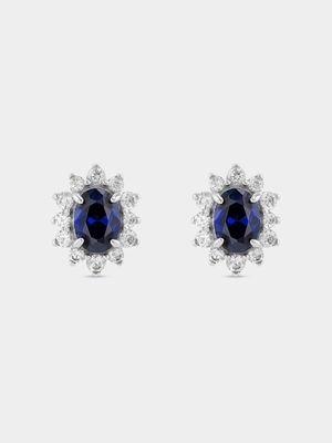 Sterling Silver Blue Cubic Zirconia Oval Halo Stud Earrings