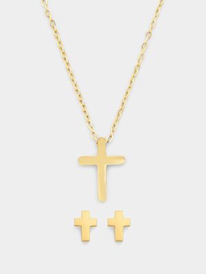 Gold Tone Stainles Steel Cross Pendant & Cross Stud Set