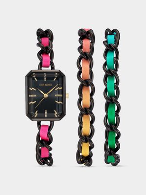 Steve Madden Women's Black Plated Bracelet Chain Watch & Black Chain Vegan Lth Bracelet Set