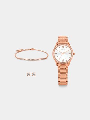 Tempo Rose Plated Bracelet Watch, Earrings & Bracelet Set