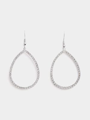 Women's Silver Diamante Oval Drop Earrings