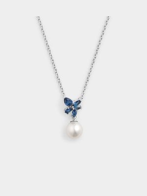 Sterling Silver Freshwater Pearl & Blue Cubic Zirconia Pendant