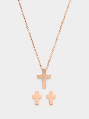 Rose Tone Stainless Steel Cross Pendant with Cross Studs Set