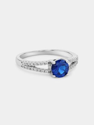 Sterling Silver Sapphire Blue Cubic Zirconia Round Solitaire Ring