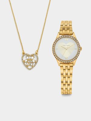 Minx Gold Plated White Heart Bracelet Watch & Pendant Gift Set