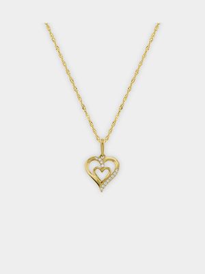 Yellow Gold, Cubic Zirconia Heart in Heart pendant on Chain