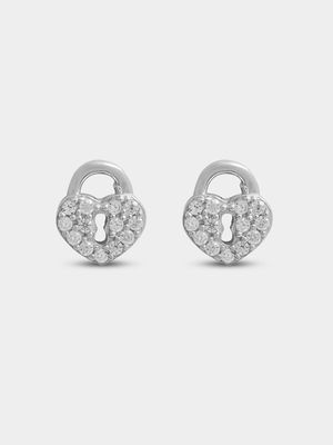 Sterling Silver CZ Pave Heart Lock Stud Earrings