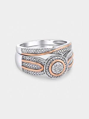 Rose Gold & Sterling Silver Diamond Round Halo Twist Twinset Ring