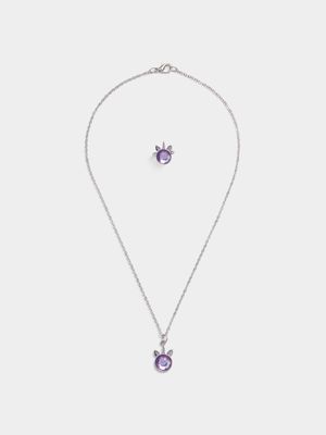 Girl's Silver & Lilac Necklace & Ring Set