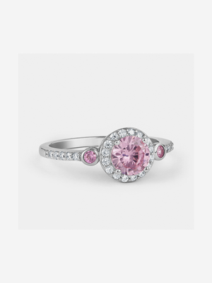 Sterling Silver Pink Sherbet Cubic Zirconia Halo Women’s Ring