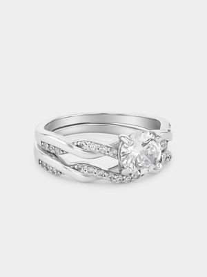 Sterling Silver Cubic Zirconia Solitaire Twisted Twinset Ring