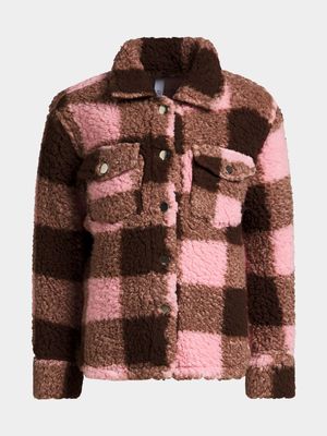 Younger Girl's Pink & Brown Fluffy Check Shacket