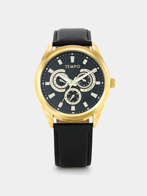 Tempo Gold Plated Black Fashion Multi Dial Black Leather Watch