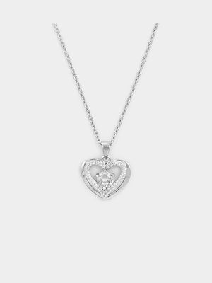 Sterling Silver Cubic Zirconia Solitaire Double Heart Pendant