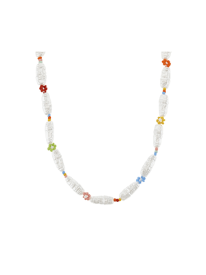 Long Shape Pearls with colorful Flower  Detail necklace