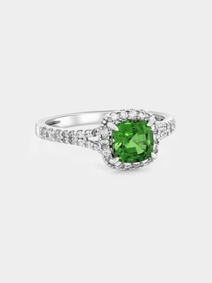White Gold Lab Grown Emerald & Moissanite Women’s Cushion Halo Ring