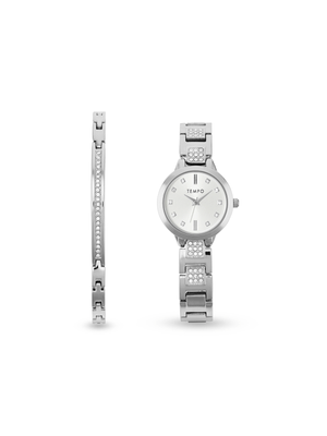 Tempo Ladies Silver Toned Watch & Bracelet Set