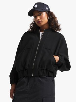 Women's Black Melton Bomber Jacket