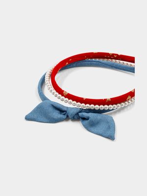 Girl's Red, Pearl & Denim 3-Pack Alice Bands