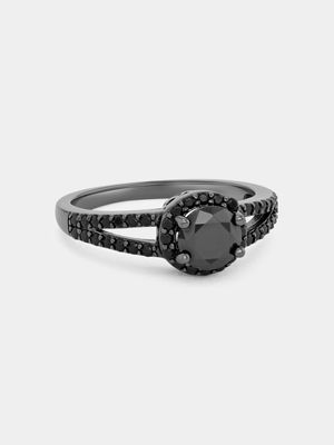 Black Plated Sterling Silver Black Cubic Zirconia Halo Ring