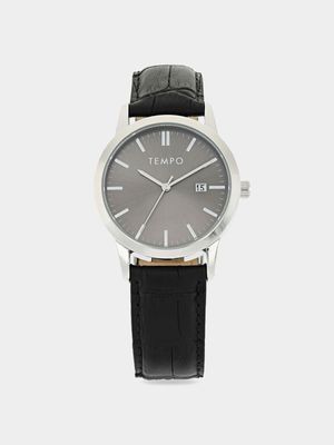Tempo Men's Silver Toned Black Leather Watch With Date Function