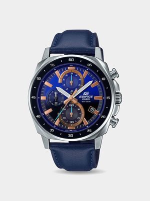 Casio Edifice Blue Dial & Silver Tone Leather Chronograph Watch