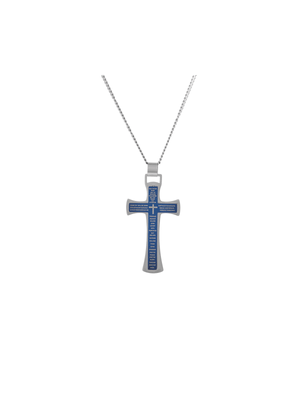 Stainless Steel Two-Tone Blue Prayer Cross Pendant