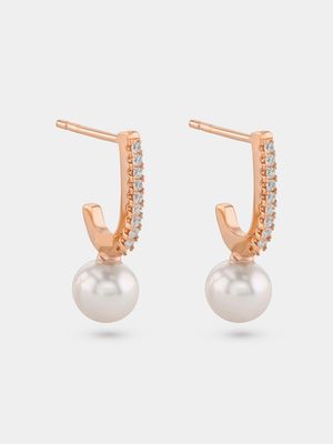 Rose Gold Plated Pearl Women’s Pavé Half Hoop Drop Earrings