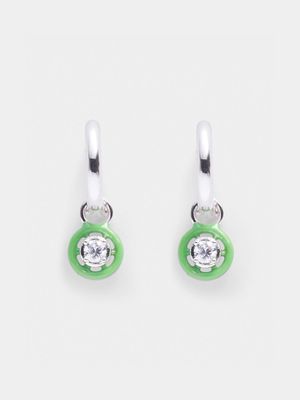 Rhodium Plated Brass Huggies with Green Enamel with CZ Charm