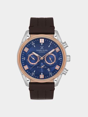Daniel Klein Silver Plated Blue Dial Chronographic Brown Leather Watch