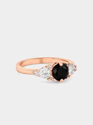 Rose Plated Sterling Silver Black & White Cubic Zirconia Trilogy Ring
