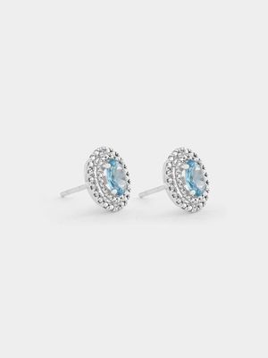 Sterling Silver Diamond & Created Aquamarine Oval Halo Stud Earrings