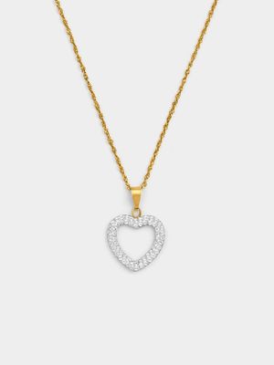 Yellow Gold & Sterling Silver, Open Heart Crystal Pendant on a chain.