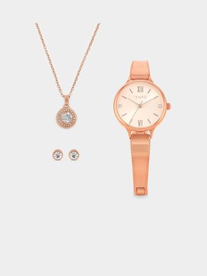 Tempo Rose Plated Bangle Watch, Pendant & Stud Earrings Gift Set