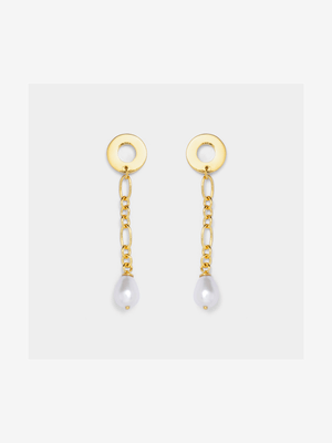 18ct Gold Plated Circle Detail Pearl Drop Earrings