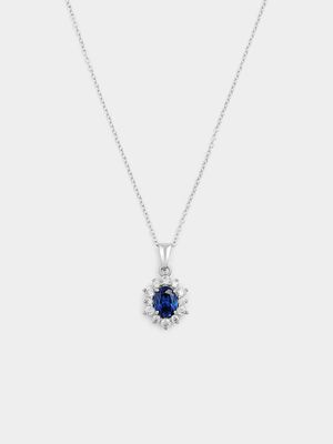 Sterling Silver Blue Cubic Zirconia Oval Halo Pendant