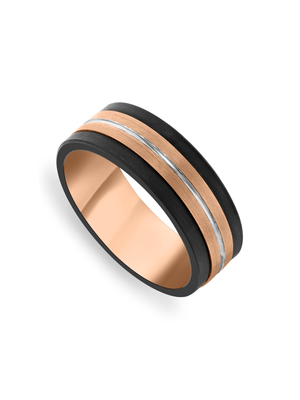 Rose Plated Black Tungsten Centre Stripe Men’s Ring