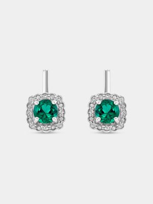 Sterling Silver Diamond & Created Emerald Cushion Halo Stud Earrings